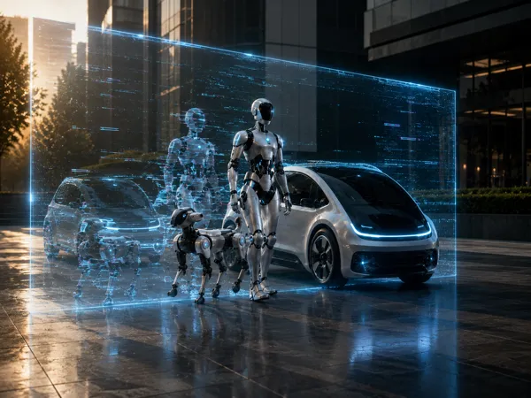 スキャンデータの半透明の壁越しに見えるヒューマノイドロボット、四足歩行ロボット、自動運転車