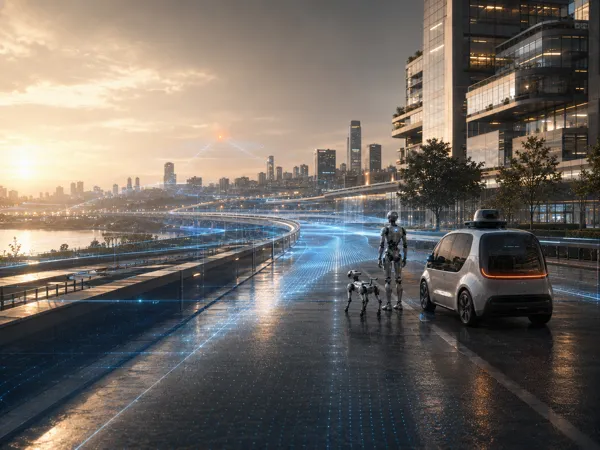 夕暮れの海沿いの道で、自動運転車の隣を歩くヒューマノイドロボットと四足歩行ロボット。走行の軌跡がデータの線で描かれている