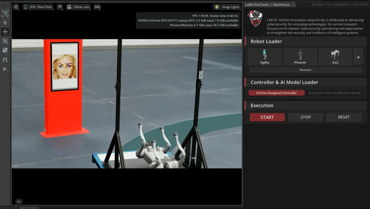 Radeis simulation view running an attack story against a robot to expose unsafe or unintended behavior